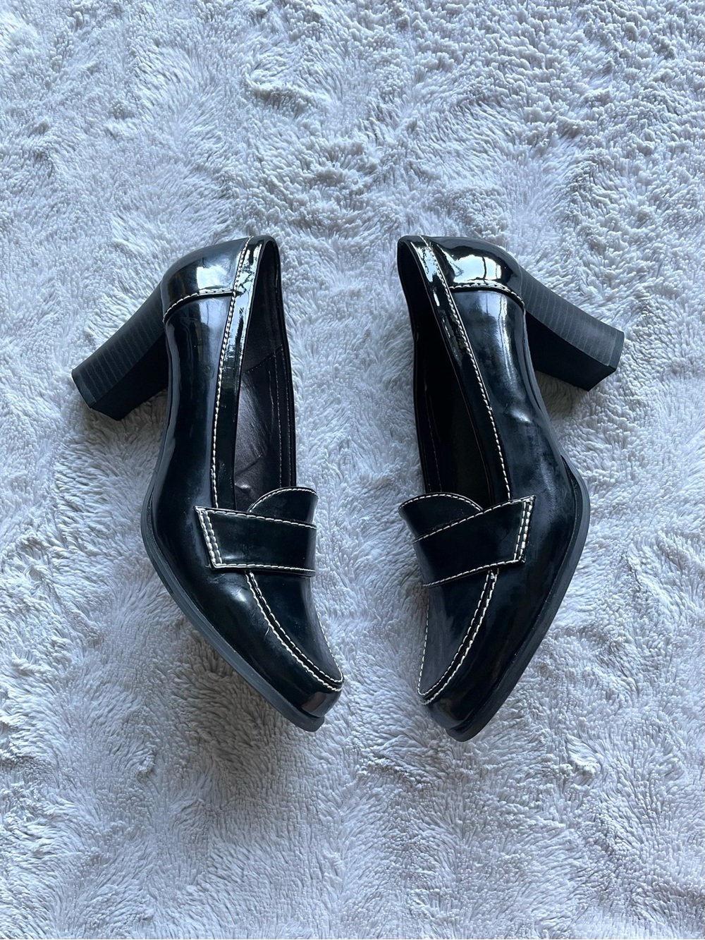 George Black Glossy Block-Heel Loafer Pumps Size 7